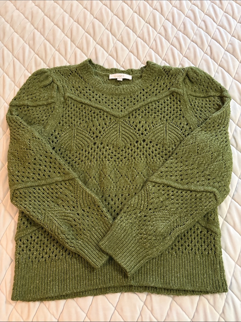 LOFT Olive Puff Sleeve Crewneck Sweater